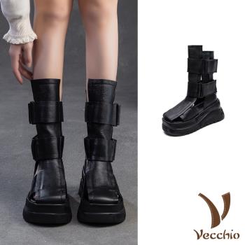 【VECCHIO】全真皮厚底長筒羅馬涼鞋/全真皮頭層牛皮個性縷空魔鬼粘厚底長筒羅馬涼鞋 涼靴 女鞋 黑