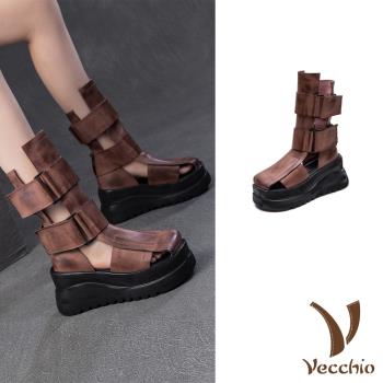 【VECCHIO】全真皮厚底長筒羅馬涼鞋/全真皮頭層牛皮個性縷空魔鬼粘厚底長筒羅馬涼鞋 涼靴 女鞋 棕