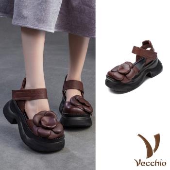 【VECCHIO】全真皮大花朵厚底涼鞋/全真皮頭層牛皮立體大花朵復古厚底涼鞋 女鞋 棕