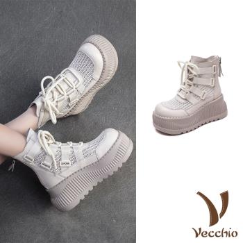 【VECCHIO】真皮網布織帶拼接厚底羅馬涼鞋/真皮頭層牛皮復古個性網布織帶拼接厚底羅馬涼鞋 涼靴 女鞋 米