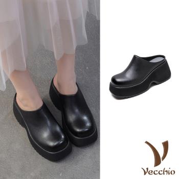 【VECCHIO】真皮純色方頭鬆糕厚底包頭拖鞋/真皮頭層牛皮純色復古方頭鬆糕厚底包頭拖鞋 女鞋 黑