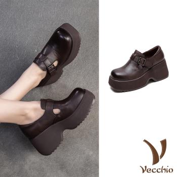 【VECCHIO】真皮皮帶釦飾鬆糕厚底休閒鞋/真皮頭層牛皮經典皮帶釦飾鬆糕厚底通勤休閒鞋 女鞋 棕