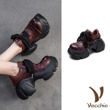 【VECCHIO】全真皮鬆糕厚底寬繫帶休閒鞋/全真皮頭層牛皮復古鬆糕厚底寬繫帶個性休閒鞋 女鞋 棕
