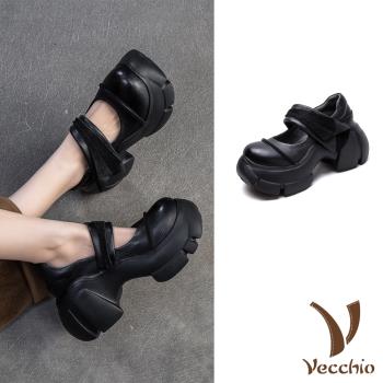 【VECCHIO】全真皮鬆糕厚底翻折一字帶娃娃鞋/全真皮頭層牛皮復古鬆糕厚底翻折一字帶個性娃娃鞋 女鞋 黑