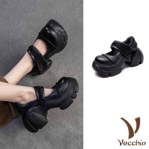 【VECCHIO】全真皮鬆糕厚底翻折一字帶娃娃鞋/全真皮頭層牛皮復古鬆糕厚底翻折一字帶個性娃娃鞋 女鞋 黑