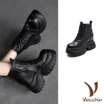 【VECCHIO】真皮內增高鬆糕厚底馬丁靴/真皮頭層牛皮經典內增高鬆糕厚底百搭馬丁靴 女鞋 黑