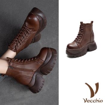 【VECCHIO】真皮內增高鬆糕厚底馬丁靴/真皮頭層牛皮經典內增高鬆糕厚底百搭馬丁靴 女鞋 棕