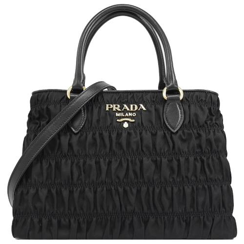 PRADA 1BA173 浮雕LOGO抓皺造型尼龍款手提兩用包.黑