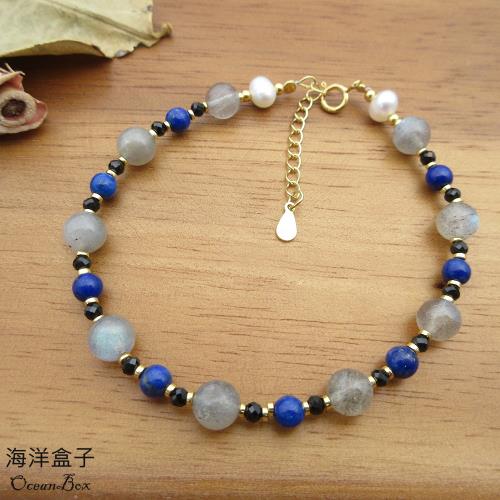 【海洋盒子】精緻美麗色澤青金石灰月光石串珠925金色純銀手鍊.精緻鍍18K金.女用手鍊
