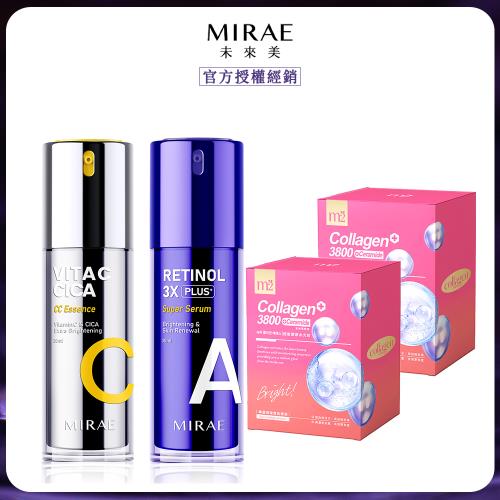【MIRAE未來美】早C晚A光透新生組(超級雙C美白淡斑精華x1+超級A醇精華升級版x1+【m2美度】22LAB超能水光飲x2)