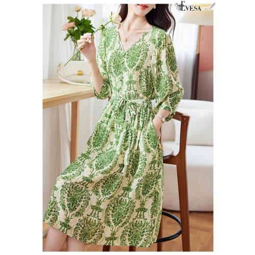 【伊凡莎名媛時尚】英倫典雅浪漫氣質莊園度假藝術印花100%蠶絲洋裝-AB款