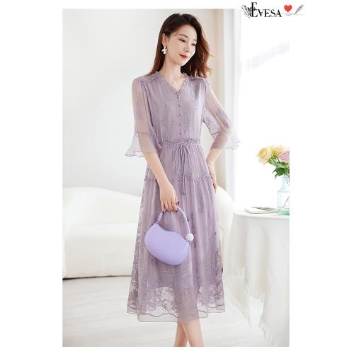 【伊凡莎名媛時尚】法式古典浪漫名媛重工剌繡香花蠶絲洋裝-AB款