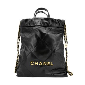 Chanel 22 菱格牛皮金鍊手提後揹包(AS3859-黑)