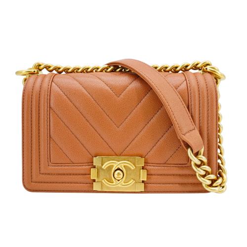 Chanel Boy 仿舊金雙C粒紋牛皮掀蓋斜背包-20cm(A67085-焦糖色)