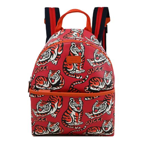 GUCCI 271327 皮標LOGO老虎印花休閒雙肩後背包.紅/橘邊