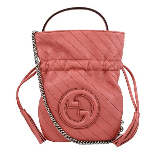 GUCCI 760313 Blondie Mini 質感斜紋流蘇兩用水桶包.桃粉