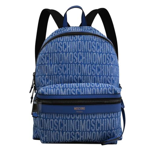 MOSCHINO 燙銀LOGO滿版緹花牛仔布休閒後背包.藍