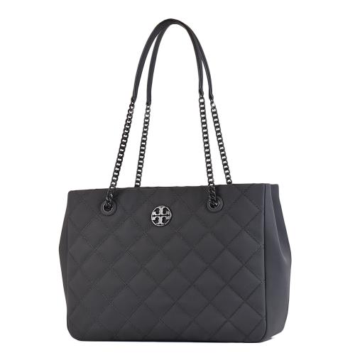 TORY BURCH WILLA 衍縫菱格雙層置物鍊帶托特包-霧面黑