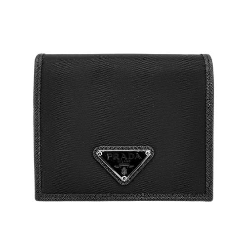 Prada 銀三角牌Logo再生尼龍對開短夾(2MO004-黑)