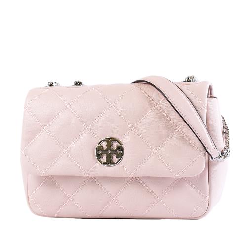 TORY BURCH WILLA 銀LOGO菱格翻蓋肩背/斜背二用包-柔粉/小