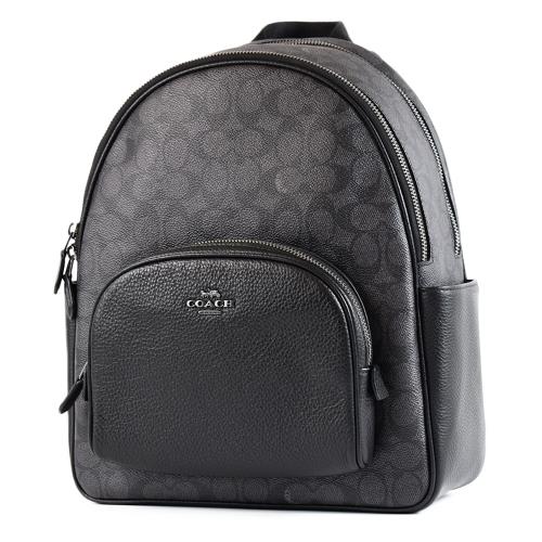 COACH 緹花LOGO雙側置物拉鍊後背包-灰黑