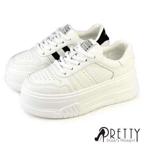 Pretty 女 小白鞋 板鞋 運動鞋 休閒鞋 綁帶 厚底 皮革BA-2S812