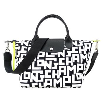 LONGCHAMP LE PLIAGE LGP系列滿版字母尼龍短把手提/斜背兩用水餃包(小/黑X白)
