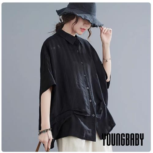 【YOUNGBABY中大碼】直紋顯瘦下襬打折拼接寬鬆襯衫 中大尺碼女裝