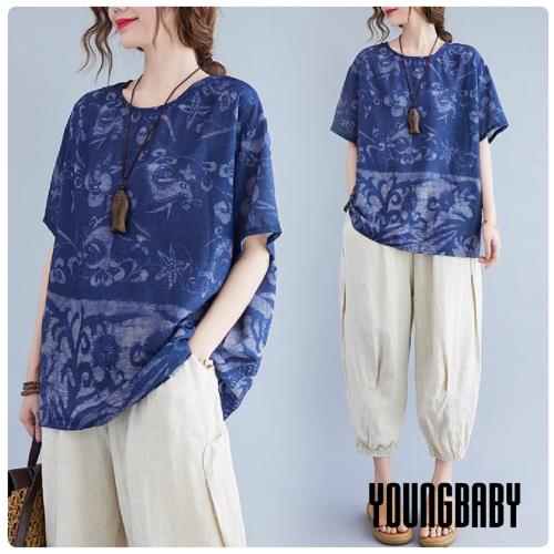 【YOUNGBABY中大碼】漸層花鳥拓印連袖棉麻上衣 中大尺碼女裝