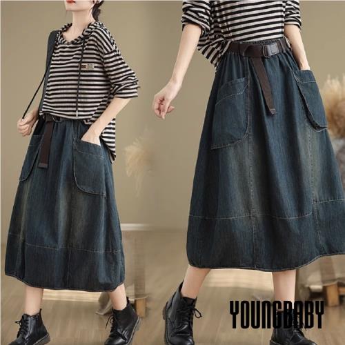 【YOUNGBABY中大碼】立體大口袋A字牛仔中長裙 中大尺碼女裝