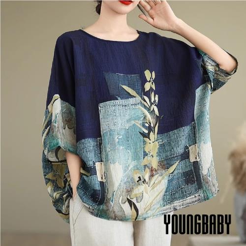 【YOUNGBABY中大碼】藍系文藝花葉接袖寬鬆棉麻T 中大尺碼女裝