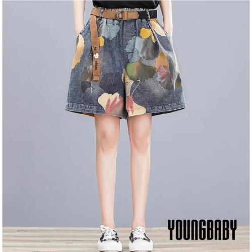 【YOUNGBABY中大碼】彩色花葉鬆緊闊腿褲褲裙 中大尺碼女裝