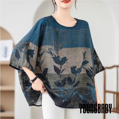 【YOUNGBABY中大碼】民俗風漸層小葉剪影寬鬆棉麻T 中大尺碼女裝