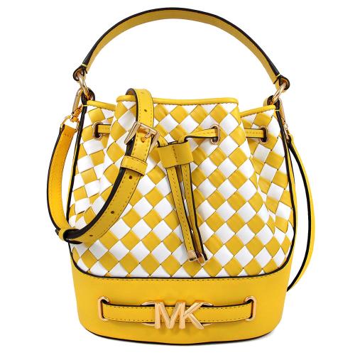 MICHAEL KORS 金字MK LOGO編織水桶中款兩用包(黃白雙色)