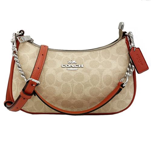 【COACH】C LOGO肩斜背兩用彎月包(卡其/橘)