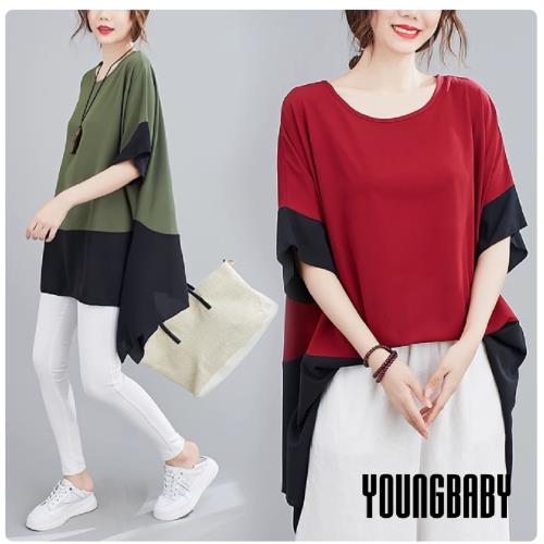 【YOUNGBABY中大碼】拼接不規則下擺上下撞色雪紡上衣 中大尺碼女裝
