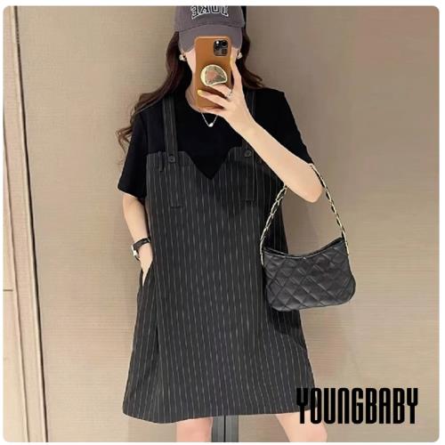 【YOUNGBABY中大碼】歐風條紋背心裙黑T假兩件式洋裝 中大尺碼女裝