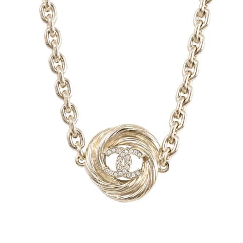 CHANEL ABF860 經典CC LOGO鑲嵌水鑽鎖骨項鍊.淡金