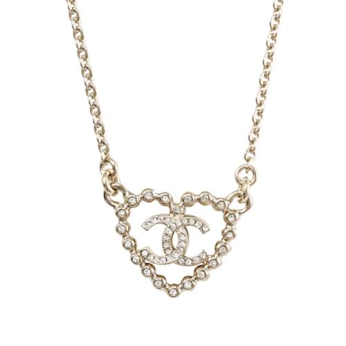 CHANEL ABF459 經典愛心水鑽雙C LOGO鎖骨項鍊.淡金