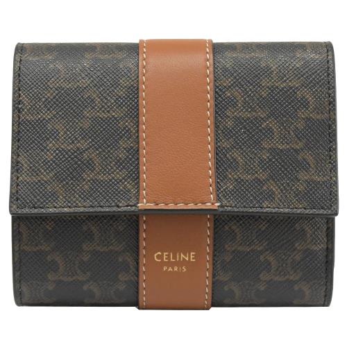CELINE TRIOMPHE 燙金LOGO凱旋門印花釦式零錢短夾.深咖