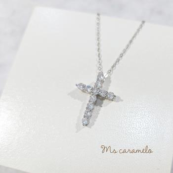 【焦糖小姐 Ms caramelo】925純銀鍍K白鋯石項鍊(十字架鋯石項鍊)