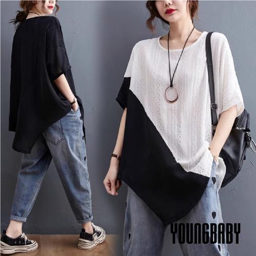 【YOUNGBABY中大碼】緹花斜拼接不規則下襬上衣 中大尺碼女裝