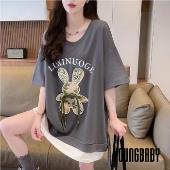 【YOUNGBABY中大碼】珍珠花草兔貼布撞色下襬假兩件式上衣 中大尺碼女裝