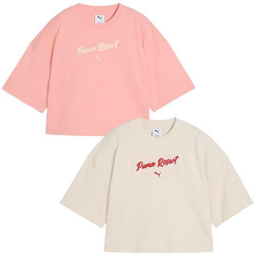 Puma 短袖上衣 女裝 短版 寬鬆 歐規 粉橘/米白【運動世界】62977618/62977687