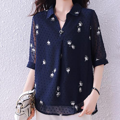 麗質達人 - 2169藍色五分袖上衣-LY