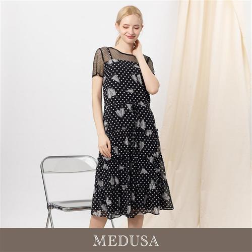 現貨【MEDUSA 曼度莎】點點假兩件式雪紡細肩帶長洋裝（M-XL）｜雪紡洋裝 波點洋裝 休閒洋裝