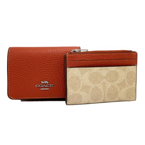 【COACH】素面牛皮拉鍊零錢袋2合一短夾(赤茶橘)
