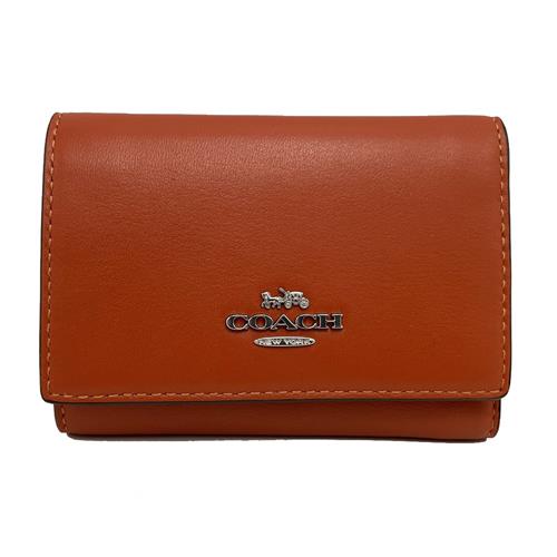 【COACH】素面牛皮三折拉鍊零錢袋鈔票短夾(赤茶橘)