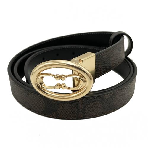 【COACH】橢圓雙C LOGO女款細皮帶(金頭/深咖)