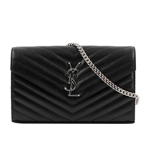 YSL V紋荔枝皮銀色LOGO WOC 斜背包(黑色)